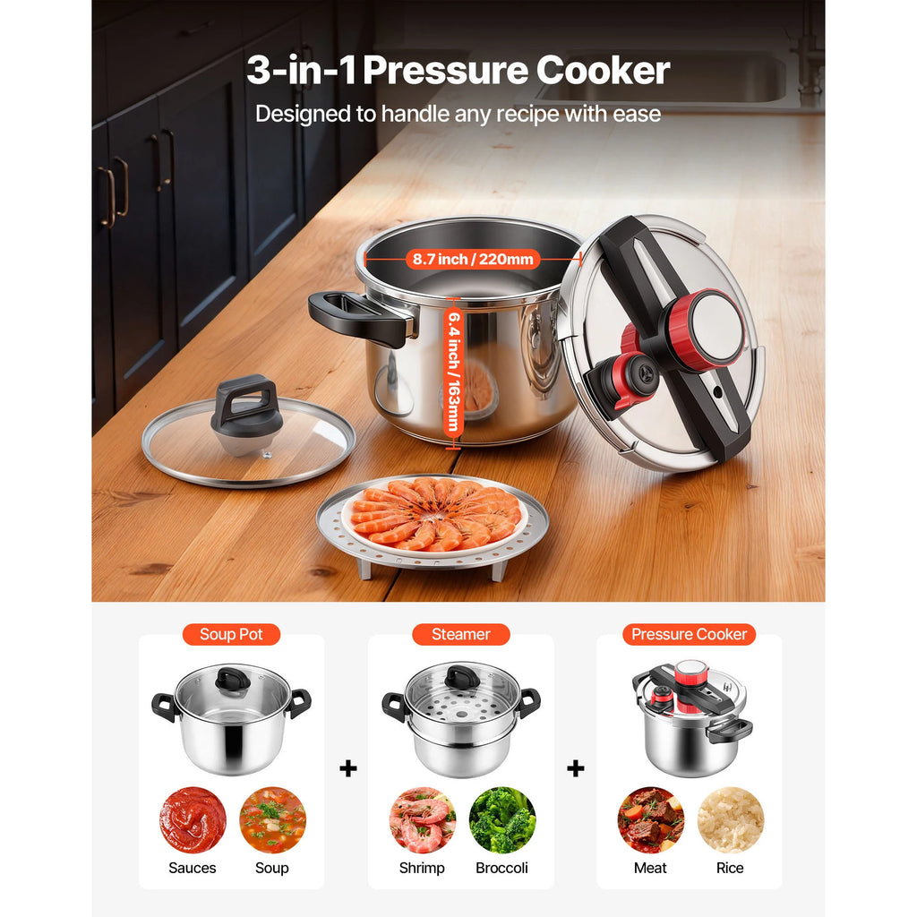 SucceBuy 6.3 8 10 12 Qt Pressure Cooker Stainless Steel