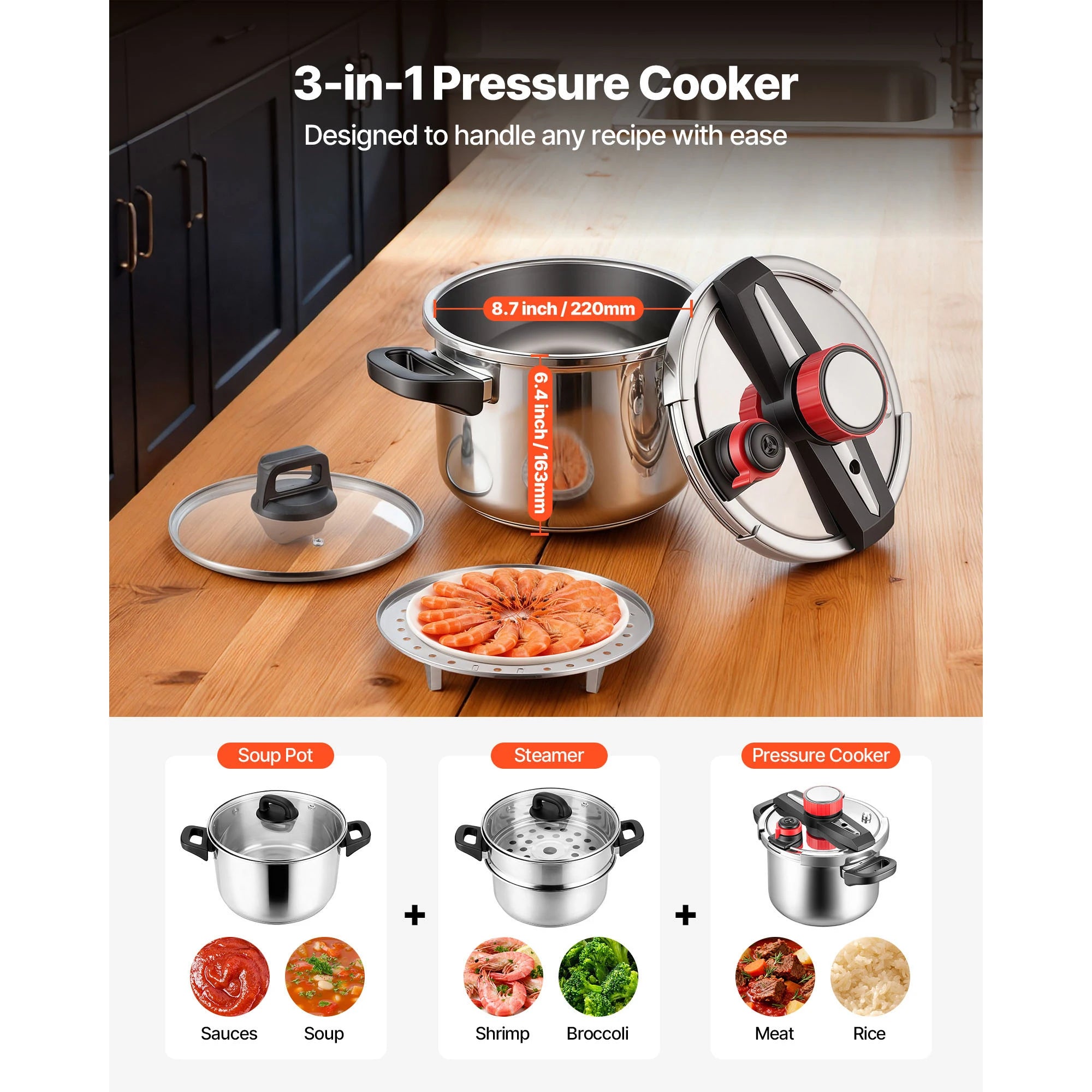 SucceBuy 6.3 8 10 12 Qt Pressure Cooker Stainless Steel