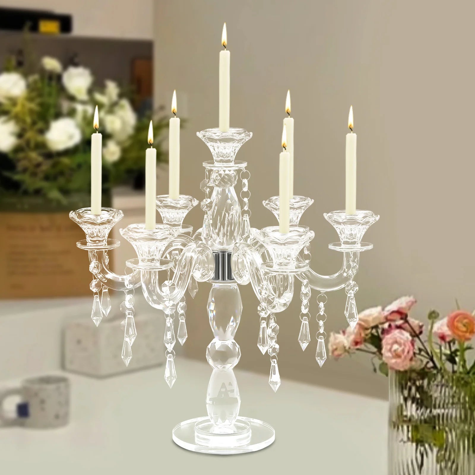 7-Arm Candlestick Holder，Glass Candelabra，Elegant Centerpiece