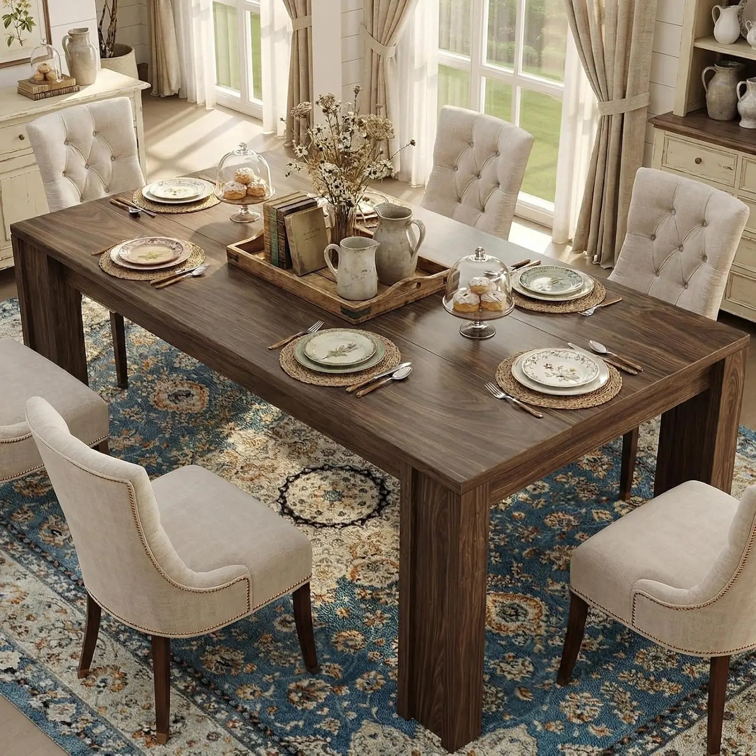 71 Inch Farmhouse Dining Table For 6-8, Rectangular Wood