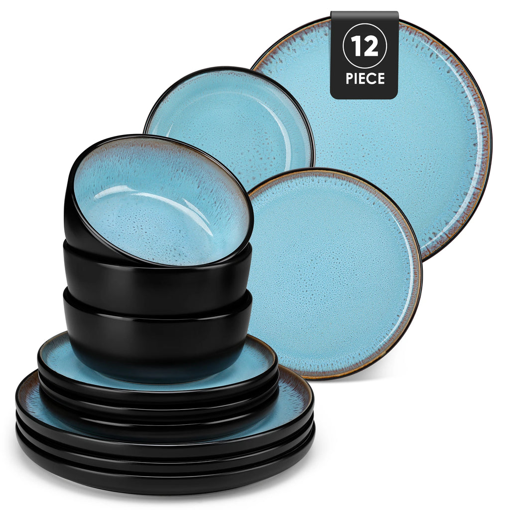 12/16 Piece Ceramic Dinnerware Set Matte Black Stoneware